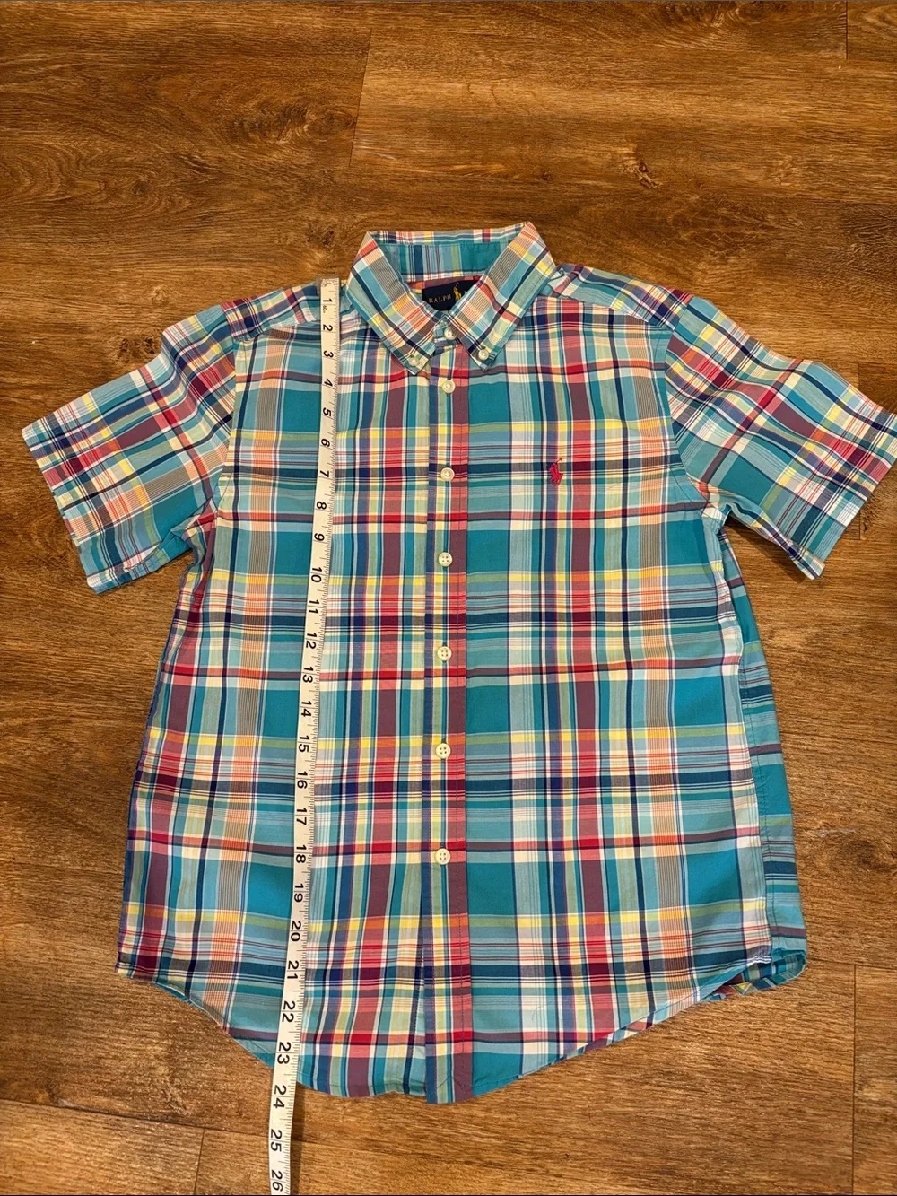 Ralph Lauren Short-Sleeve Teal & Multi Plaid Button Down Shirt Boys M (10-12)